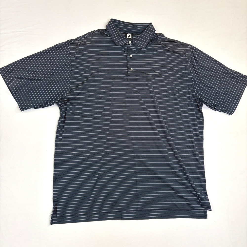 FootJoy Men XXL Navy Blue White Striped Performance Golf Polo Shirt Short Sleeve